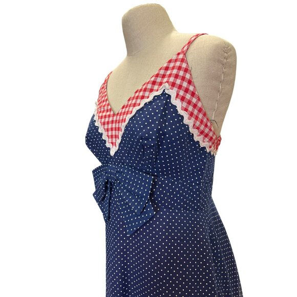 Vintage Handmade Tres Mariposas El Paso Blue Red Polka Dot Gingham Maxi Dress Sh - Picture 10 of 14